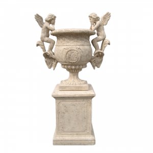 Fiberglass Angels Urn on Base / Roman Stone Finish