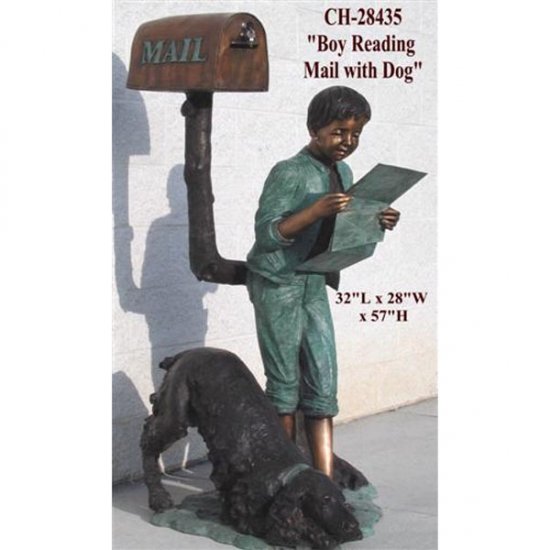 Bronze Boy Reading Mail with Dog - Click Image to Close