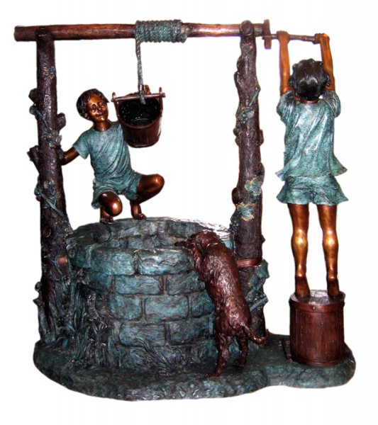 Bronze Kids with Dog by Well