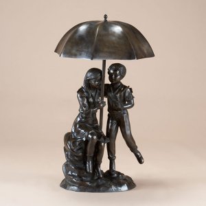Bronze Boy and Girl under Umbrella Fountain