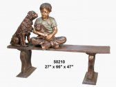 Bronze Boy with Two Dogs Sitting on Bench Bronze Boy with Two Dogs Sitting on Bench