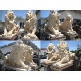 Pair Travertine Marble Lions with pedestals Pair Travertine Marble Lions with pedestals